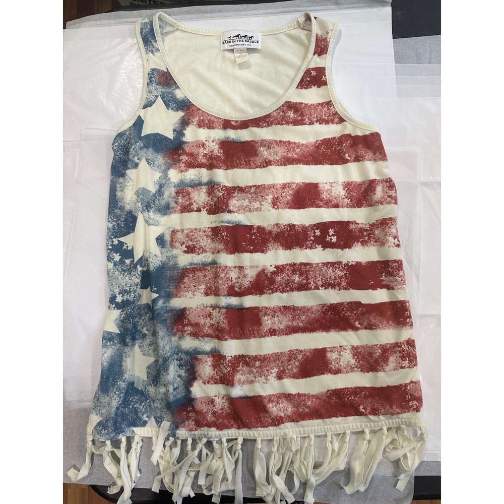 Back In The Saddle American Flag Fringe Tank Top Womens Medium Patriotic Western